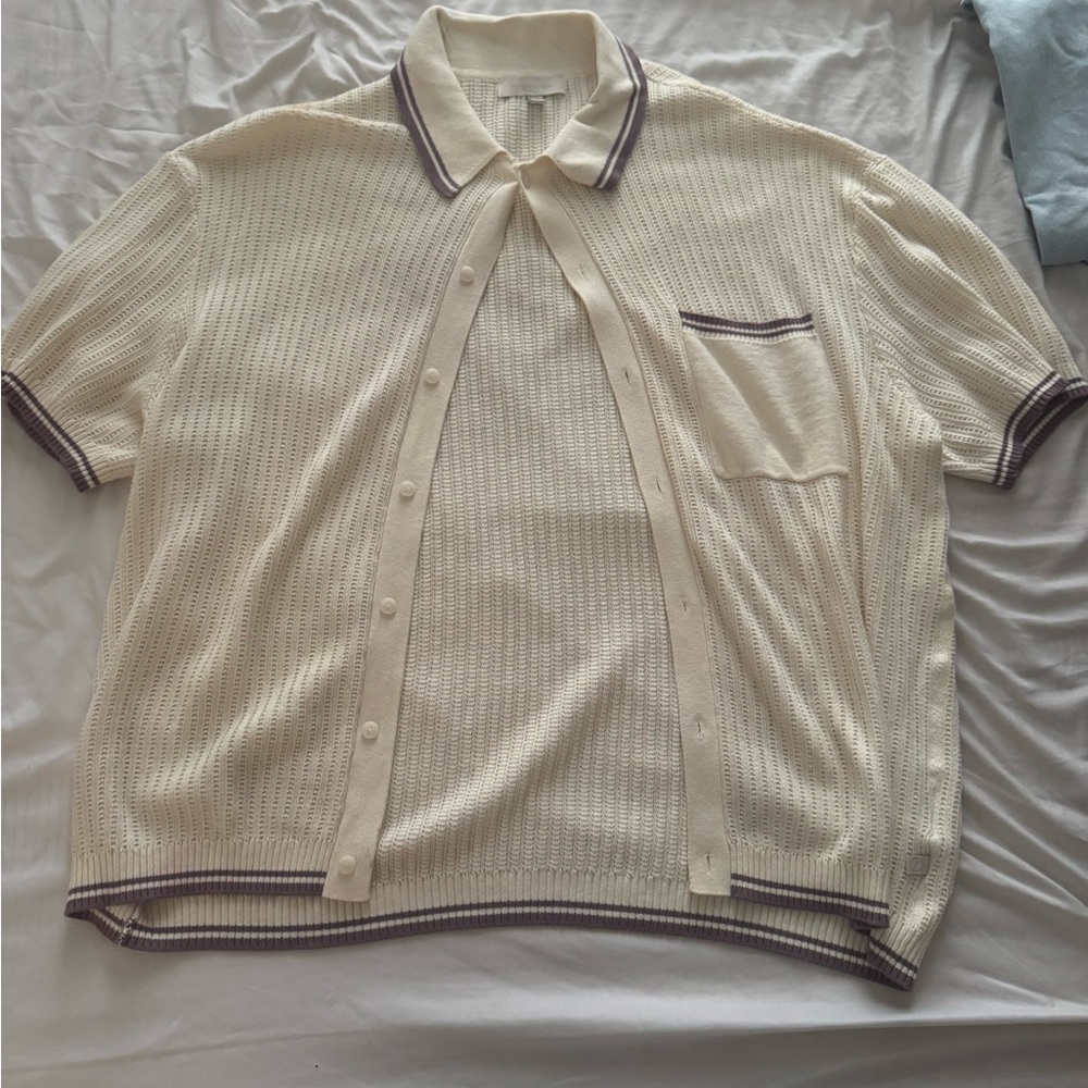 Urban Outfitters Cream and Purple Casual Button Down Shirt